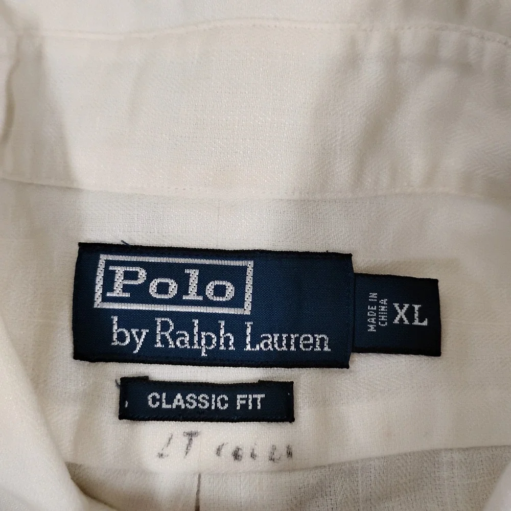 Polo Ralph Lauren Shirt Mens XL White Linen Pocket Short Sleeve Button Beach 90s